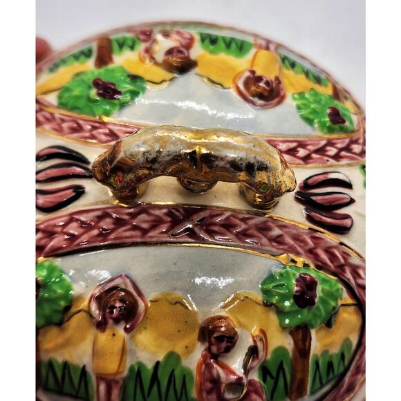 Bowl & Lid-Gold Trim-Japanese Inspired Summer Scenes-3D Embossed-Colorful-Footed - Picture 10 of 16